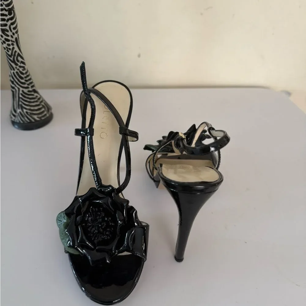 Poletto Black Stiletto Heels with Floral Detail 6 Used Once (like new) see pics